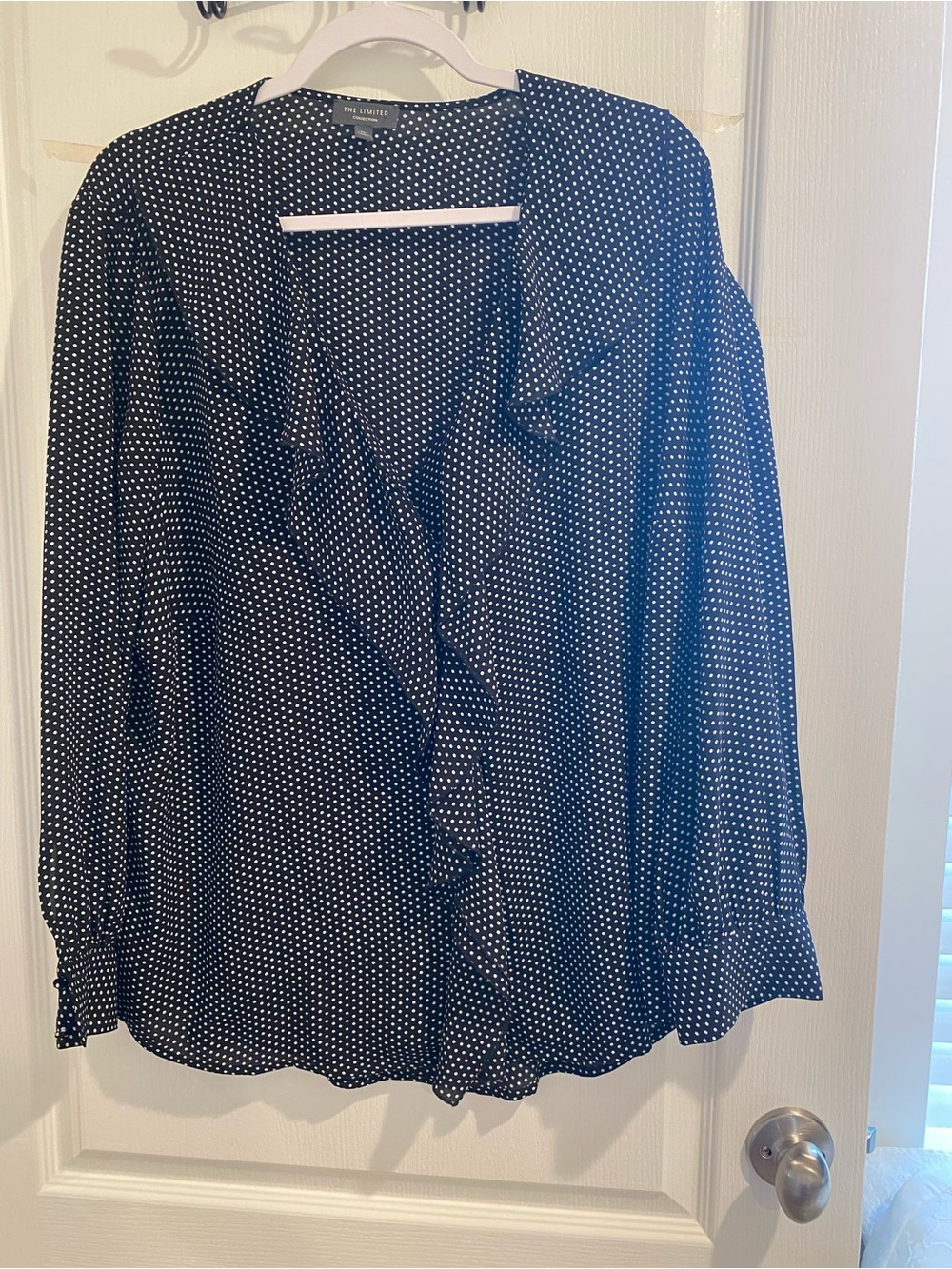 The Limited Black & White Polka Dot Ruffle Front Blouse
